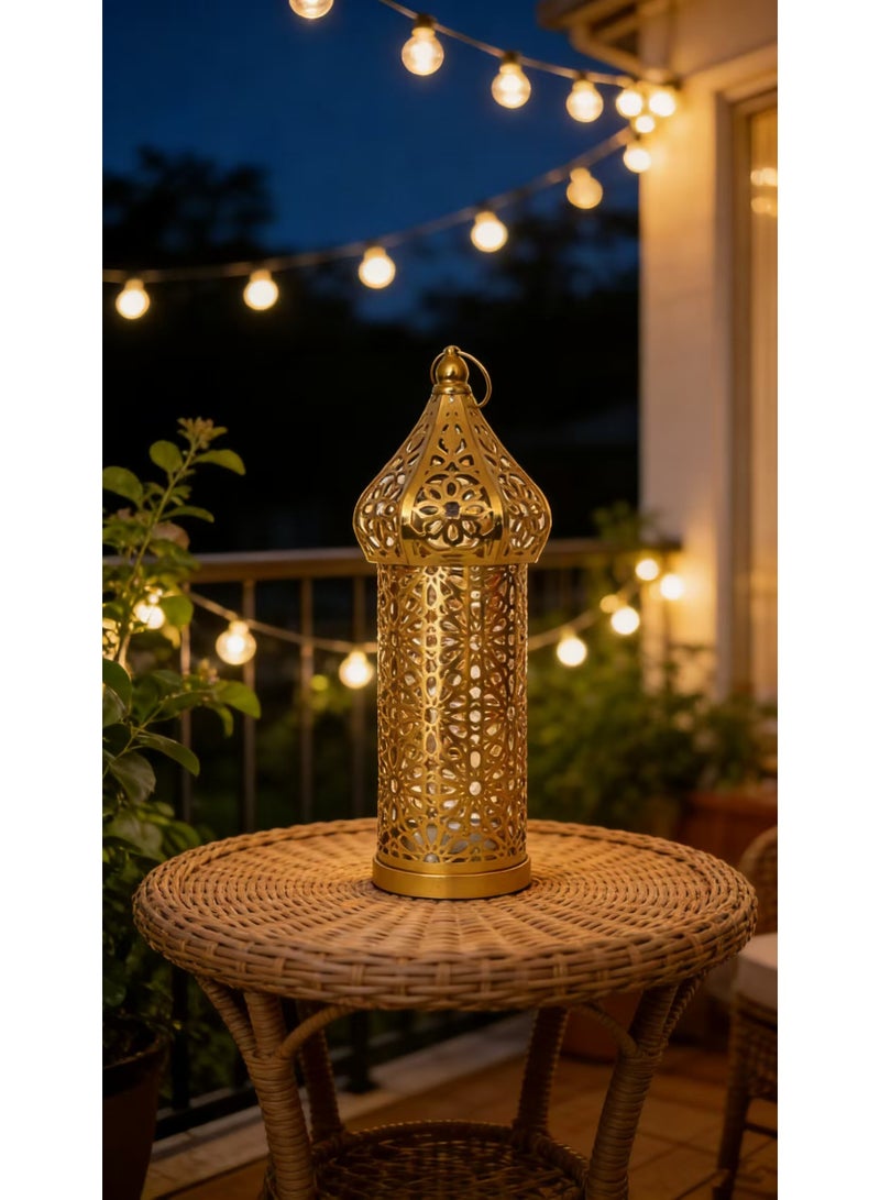 فانوس مغربي ذهبي فاخر – مصباح معدني مفتوح معقد للديكور رمضان، احتفالات عيد العيد، قطع مركز الزفاف والبيئة المنزلية (YB-22-L) - Image 5
